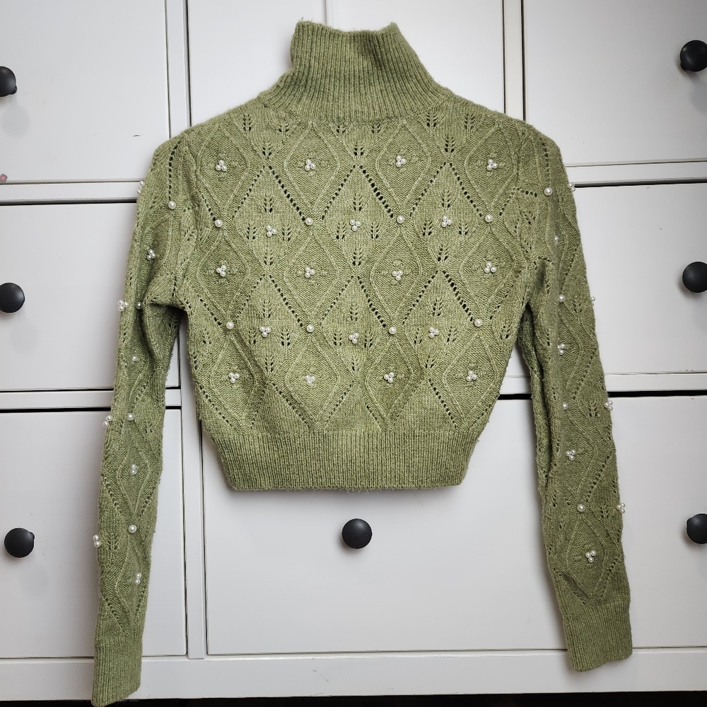 Zara Women's faux pearls diamond cable knit Mock Neck semi crop Green sweater S - Picture 4 of 15